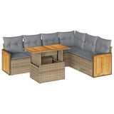 7 Piece Garden Sofa Set with Cushions Beige Poly Rattan Acacia - Front View