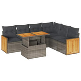7 Piece Garden Sofa Set with Cushions Grey Poly Rattan Acacia - Front View