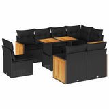 9 Piece Garden Sofa Set with Cushions Black Poly Rattan Acacia