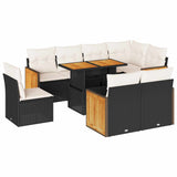 9 Piece Garden Sofa Set with Cushions Black Poly Rattan Acacia - Front View