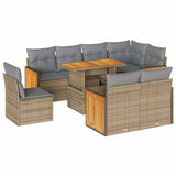 9 Piece Garden Sofa Set with Cushions Beige Poly Rattan Acacia - Front View