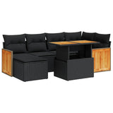 7 Piece Garden Sofa Set with Cushions Black Poly Rattan Acacia - Front View