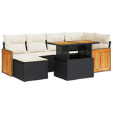 7 Piece Garden Sofa Set with Cushions Black Poly Rattan Acacia - Front View