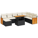 9 Piece Garden Sofa Set with Cushions Black Poly Rattan Acacia - Front View