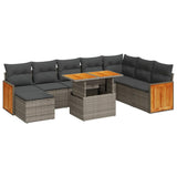 9 Piece Garden Sofa Set with Cushions Grey Poly Rattan Acacia - Front View