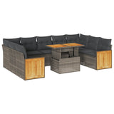 10 Piece Garden Sofa Set with Cushions Grey Poly Rattan Acacia - Front View