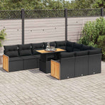 11 Piece Garden Sofa Set with Cushions Black Poly Rattan Acacia