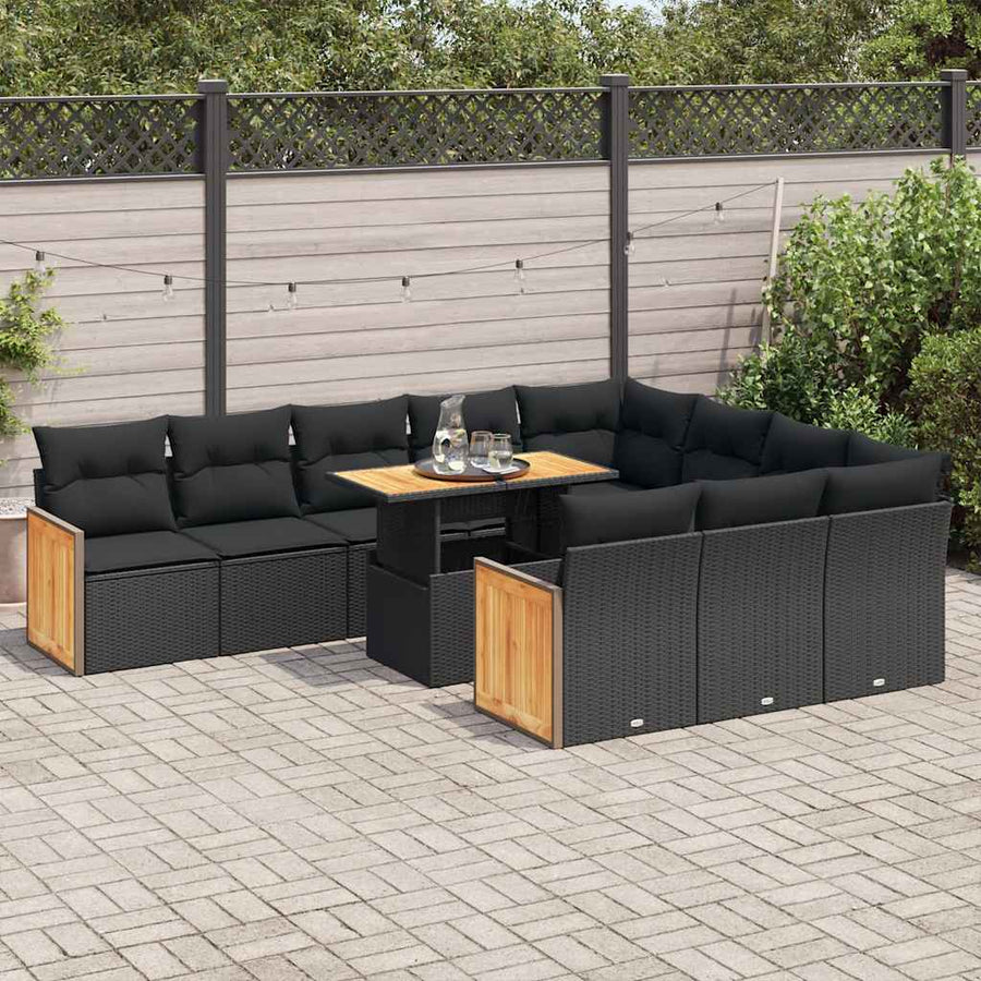 11 Piece Garden Sofa Set with Cushions Black Poly Rattan Acacia