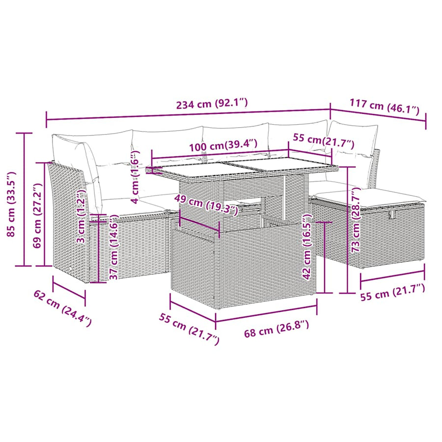 6 Piece Garden Sofa Set with Cushions Black Poly Rattan
