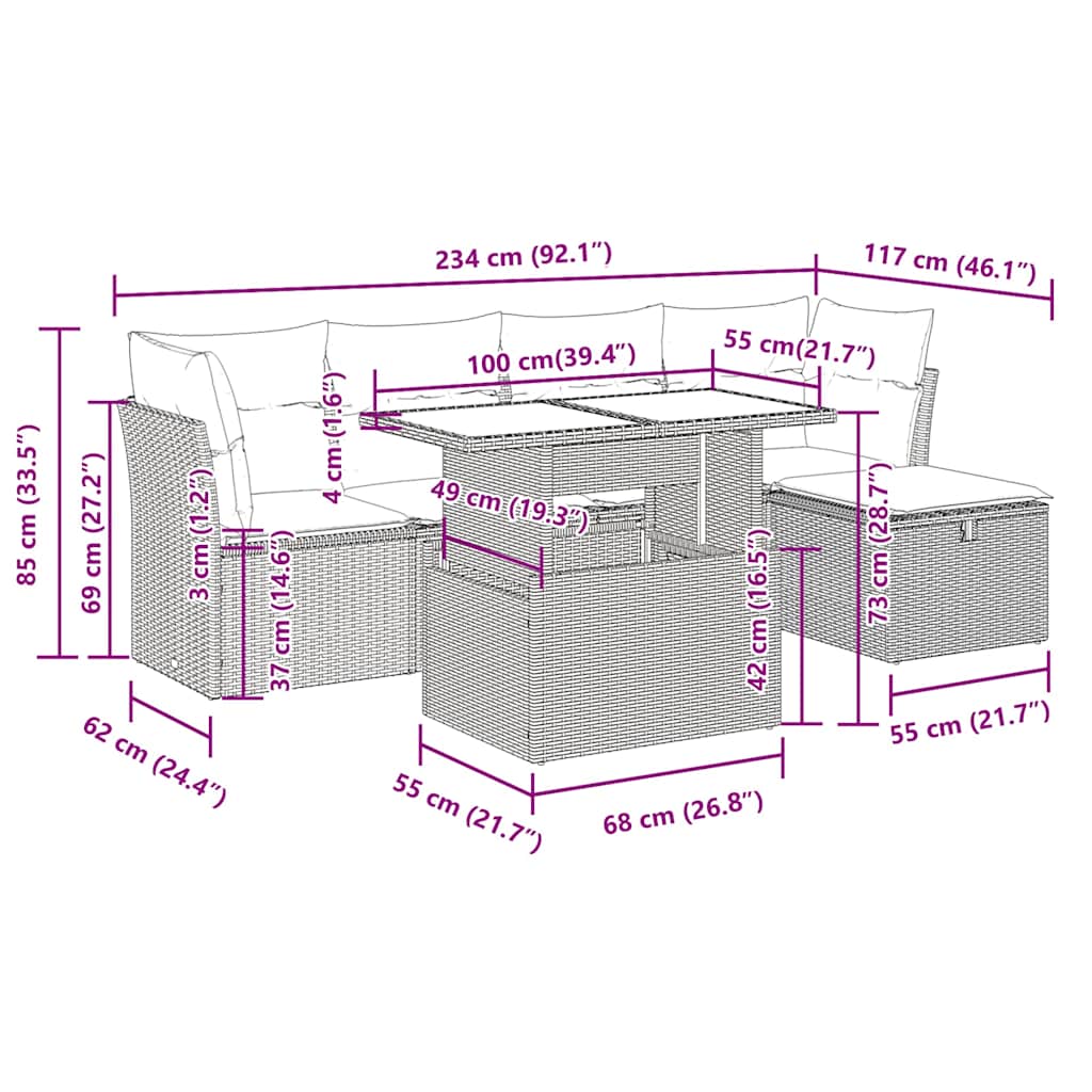 6 Piece Garden Sofa Set with Cushions Grey Poly Rattan