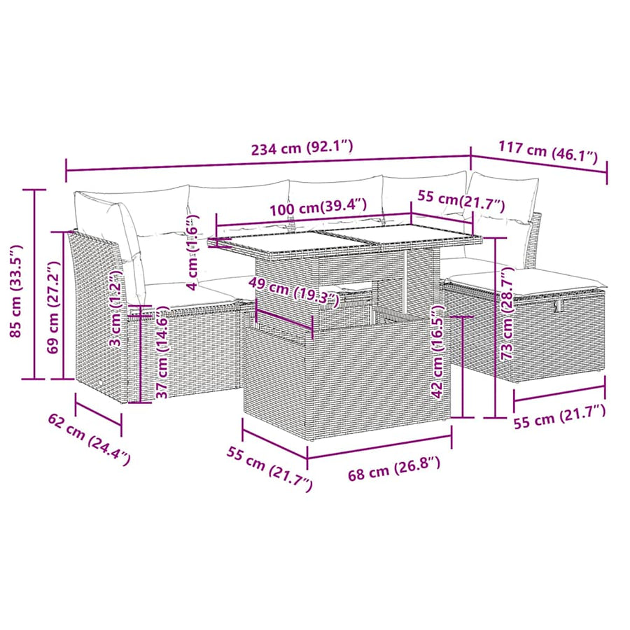 6 Piece Garden Sofa Set with Cushions Grey Poly Rattan