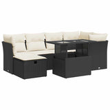 7 Piece Garden Sofa Set with Cushions Black Poly Rattan - Front View