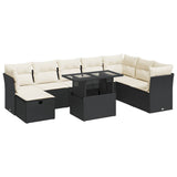 9 Piece Garden Sofa Set with Cushions Black Poly Rattan - Front View