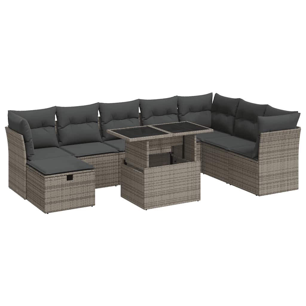 9 Piece Garden Sofa Set with Cushions Grey Poly Rattan