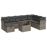 9 Piece Garden Sofa Set with Cushions Grey Poly Rattan - Front View