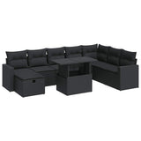 9 Piece Garden Sofa Set with Cushions Black Poly Rattan - Front View