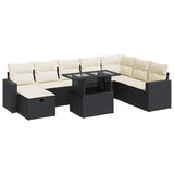 9 Piece Garden Sofa Set with Cushions Black Poly Rattan - Front View