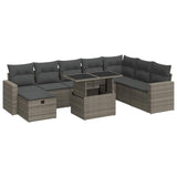9 Piece Garden Sofa Set with Cushions Grey Poly Rattan - Front View