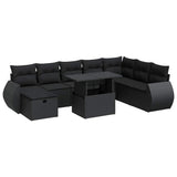 9 Piece Garden Sofa Set with Cushions Black Poly Rattan - Front View