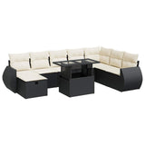 9 Piece Garden Sofa Set with Cushions Black Poly Rattan - Front View