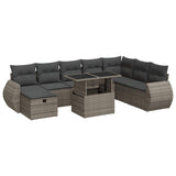 9 Piece Garden Sofa Set with Cushions Grey Poly Rattan - Front View