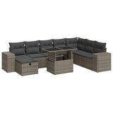 9 Piece Garden Sofa Set with Cushions Grey Poly Rattan - Front View