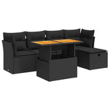 6 Piece Garden Sofa Set with Cushions Black Poly Rattan Acacia - Front View
