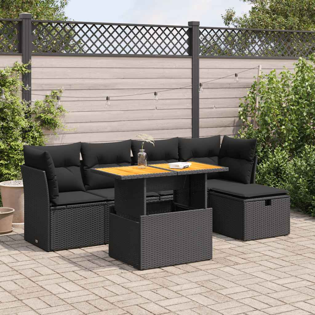 6 Piece Garden Sofa Set with Cushions Black Poly Rattan Acacia