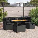 6 Piece Garden Sofa Set with Cushions Black Poly Rattan Acacia