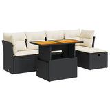 6 Piece Garden Sofa Set with Cushions Black Poly Rattan Acacia - Front View