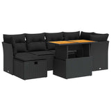 7 Piece Garden Sofa Set with Cushions Black Poly Rattan Acacia