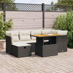 7 Piece Garden Sofa Set with Cushions Black Poly Rattan Acacia
