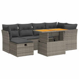 7 Piece Garden Sofa Set with Cushions Grey Poly Rattan Acacia - Front View