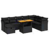 9 Piece Garden Sofa Set with Cushions Black Poly Rattan Acacia - Front View