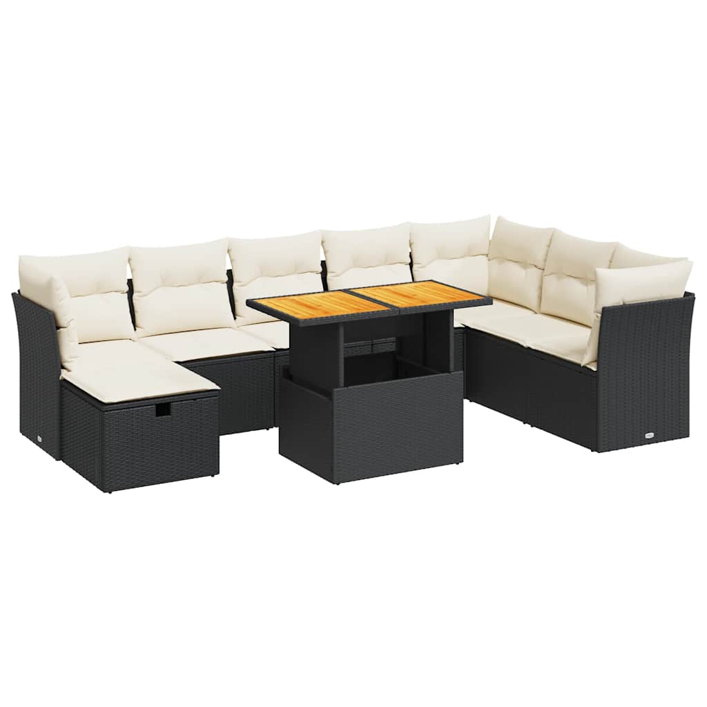 9 Piece Garden Sofa Set with Cushions Black Poly Rattan Acacia