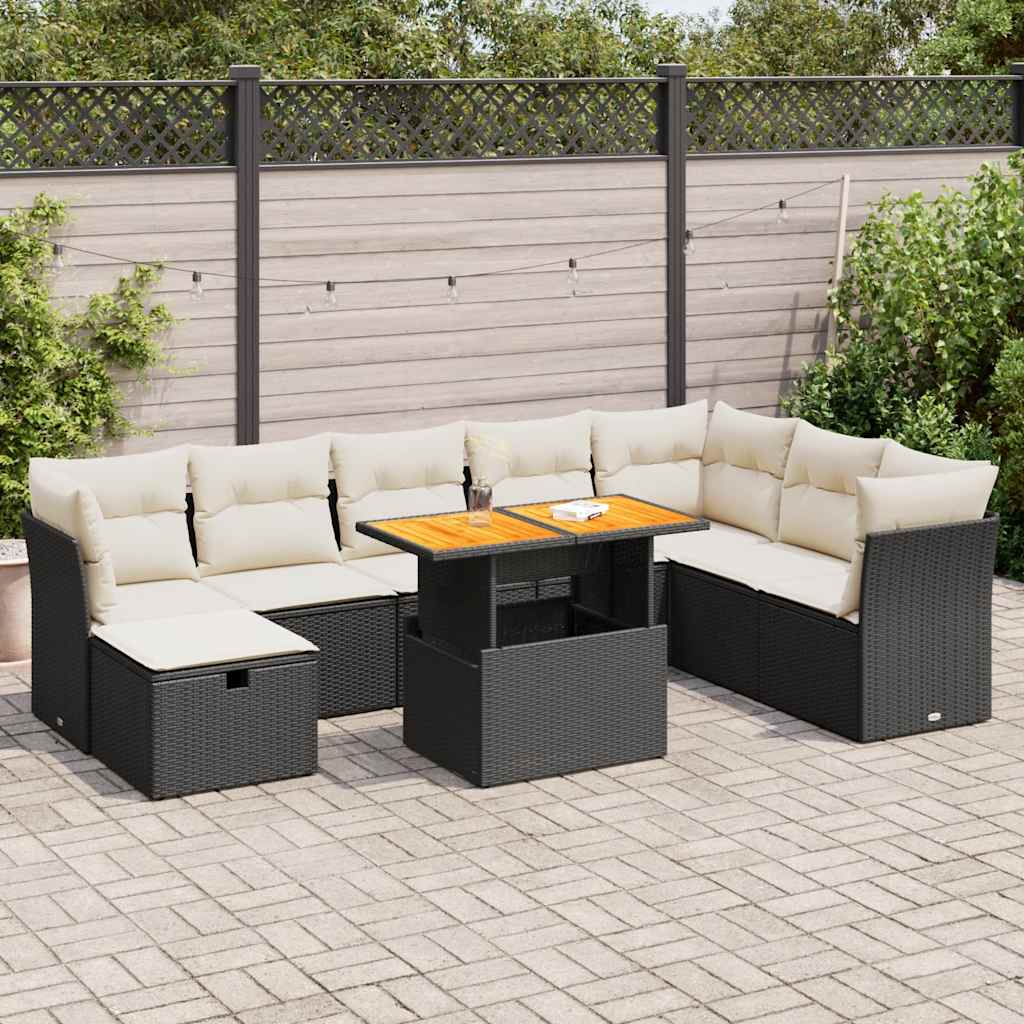 9 Piece Garden Sofa Set with Cushions Black Poly Rattan Acacia