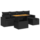 6 Piece Garden Sofa Set with Cushions Black Poly Rattan Acacia - Front View