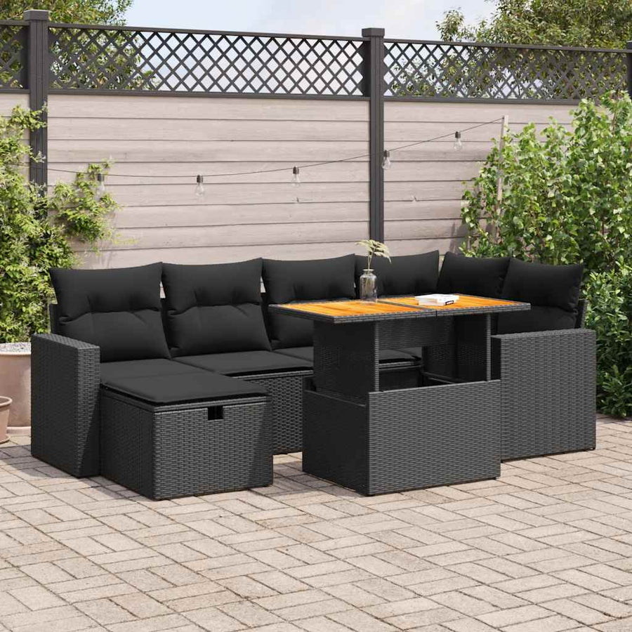 8 Piece Garden Sofa Set with Cushions Black Poly Rattan Acacia