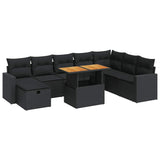 9 Piece Garden Sofa Set with Cushions Black Poly Rattan Acacia - Front View