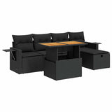 6 Piece Garden Sofa Set with Cushions Black Poly Rattan Acacia - Front View