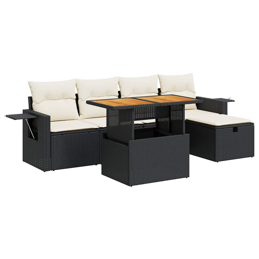 6 Piece Garden Sofa Set with Cushions Black Poly Rattan Acacia