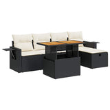 6 Piece Garden Sofa Set with Cushions Black Poly Rattan Acacia - Front View