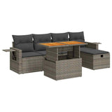 6 Piece Garden Sofa Set with Cushions Grey Poly Rattan Acacia - Front View