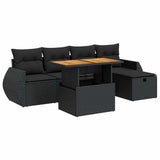 6 Piece Garden Sofa Set with Cushions Black Poly Rattan Acacia - Front View