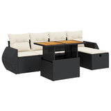 6 Piece Garden Sofa Set with Cushions Black Poly Rattan Acacia - Front View
