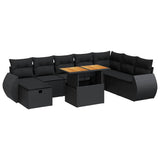 9 Piece Garden Sofa Set with Cushions Black Poly Rattan Acacia - Front View