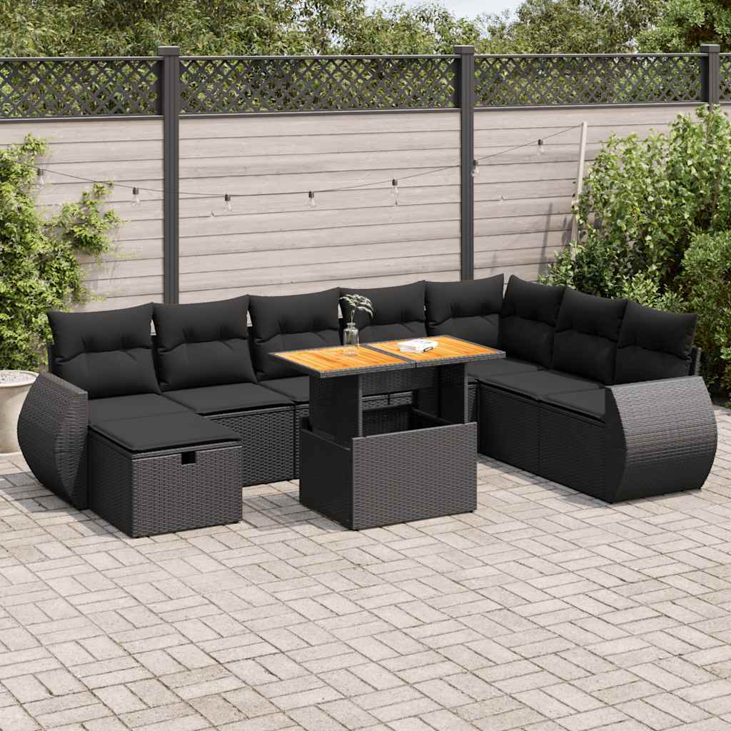 9 Piece Garden Sofa Set with Cushions Black Poly Rattan Acacia