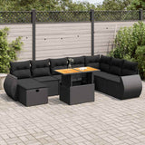 9 Piece Garden Sofa Set with Cushions Black Poly Rattan Acacia