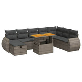 9 Piece Garden Sofa Set with Cushions Grey Poly Rattan Acacia - Front View
