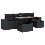 6 Piece Garden Sofa Set with Cushions Black Poly Rattan Acacia - Front View